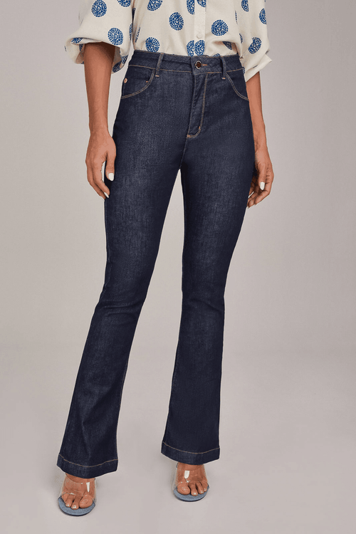 CALÇA JEANS CÓS ALTO SKINNY FLARE MIGNON ESCURA