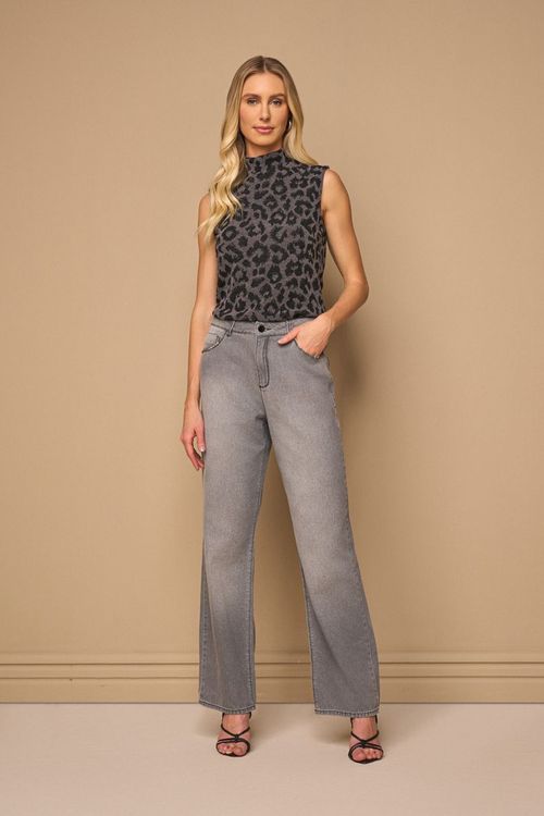 CALÇA JEANS WIDE LEG COM BORDADO