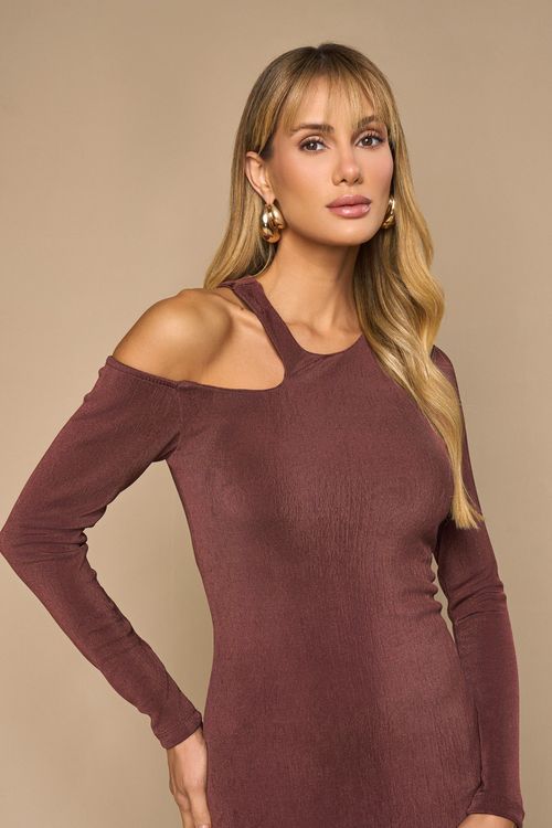 VESTIDO LONG MIDI COM DECOTE REDONDO