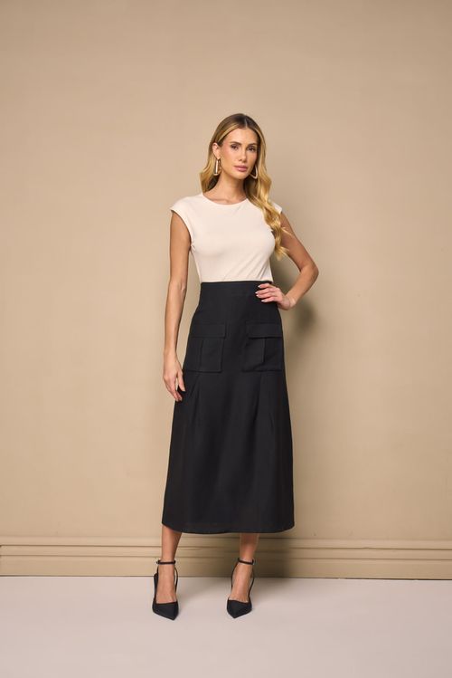 SAIA LONG MIDI COM BOLSO FOLE